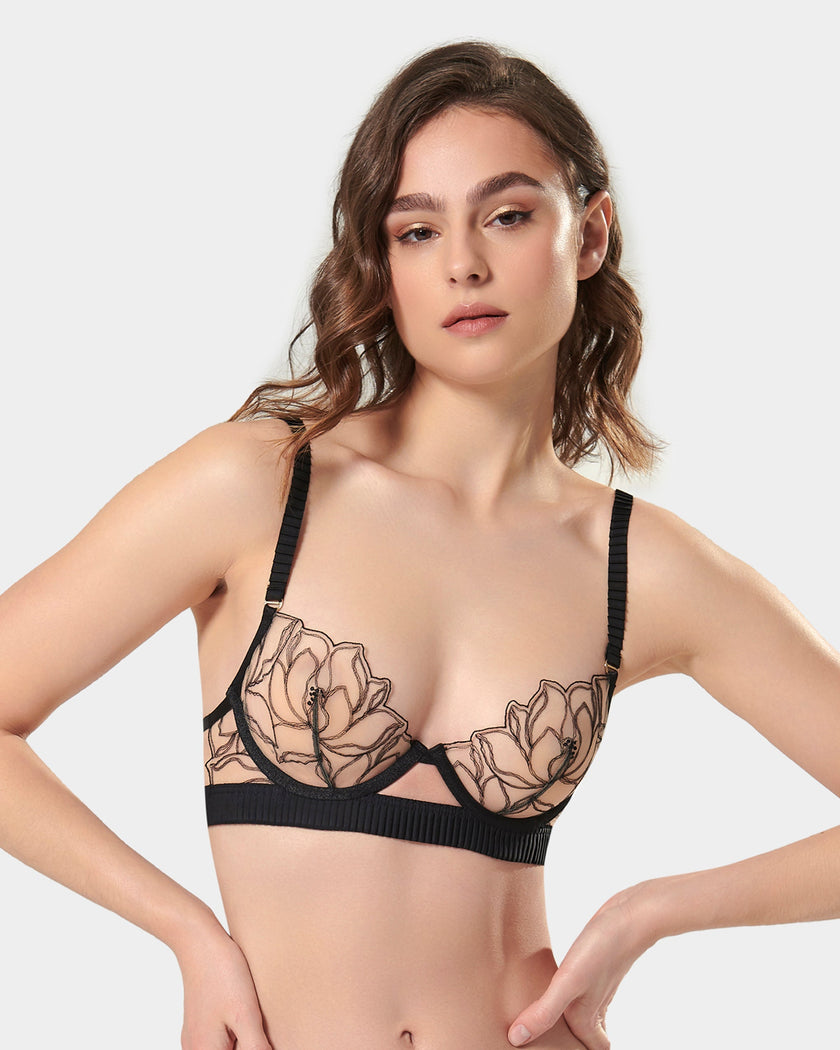 Maia Embroidered Sheer Bra Black