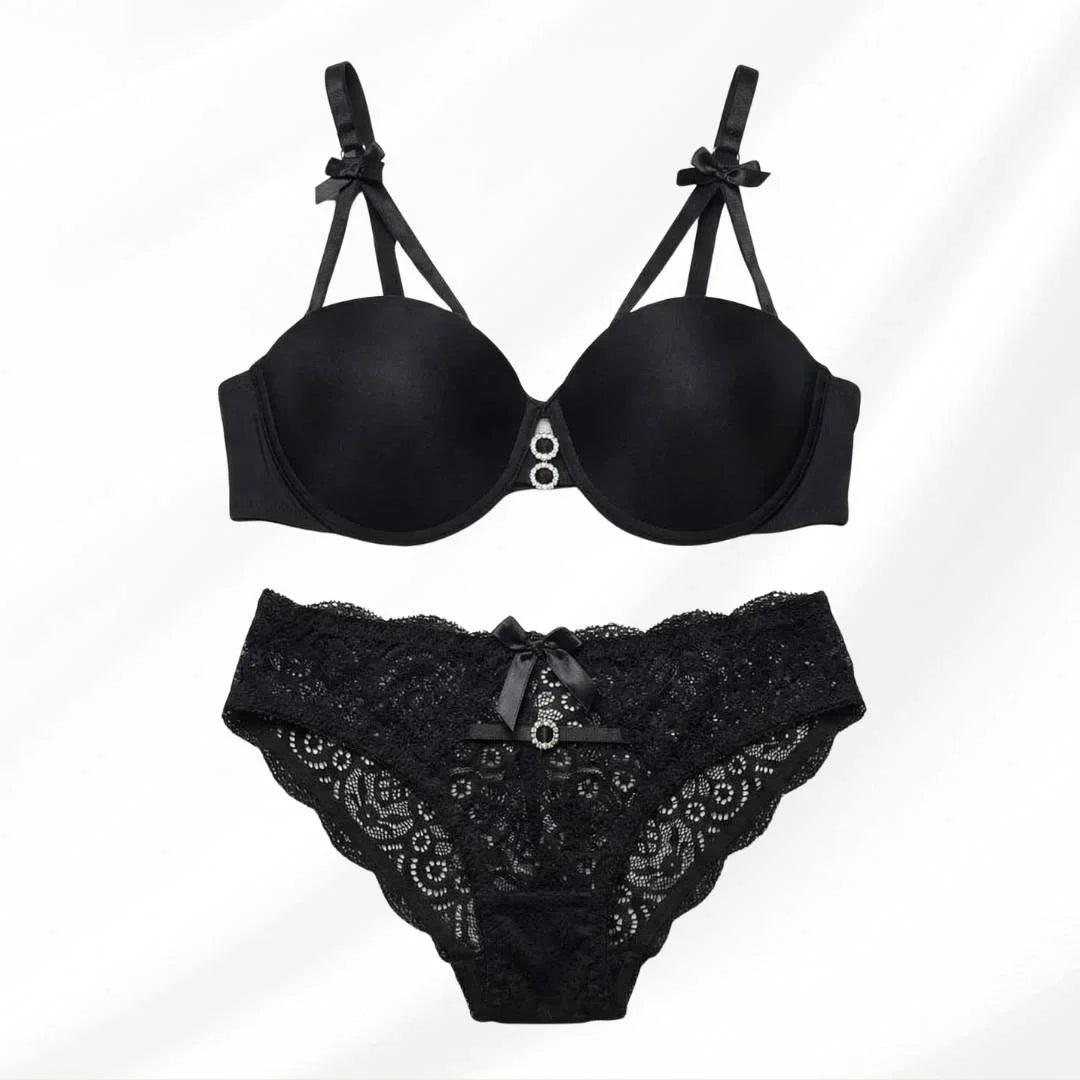 Luxury Floral Lace Lingerie Set – Elegant Padded Underwire Bra & Matching Scalloped Lace Panty with Rhinestone Accents-BLACK