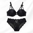Luxury Floral Lace Lingerie Set – Elegant Padded Underwire Bra & Matching Scalloped Lace Panty with Rhinestone Accents-BLACK