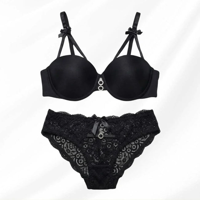 Luxury Floral Lace Lingerie Set – Elegant Padded Underwire Bra & Matching Scalloped Lace Panty with Rhinestone Accents-BLACK
