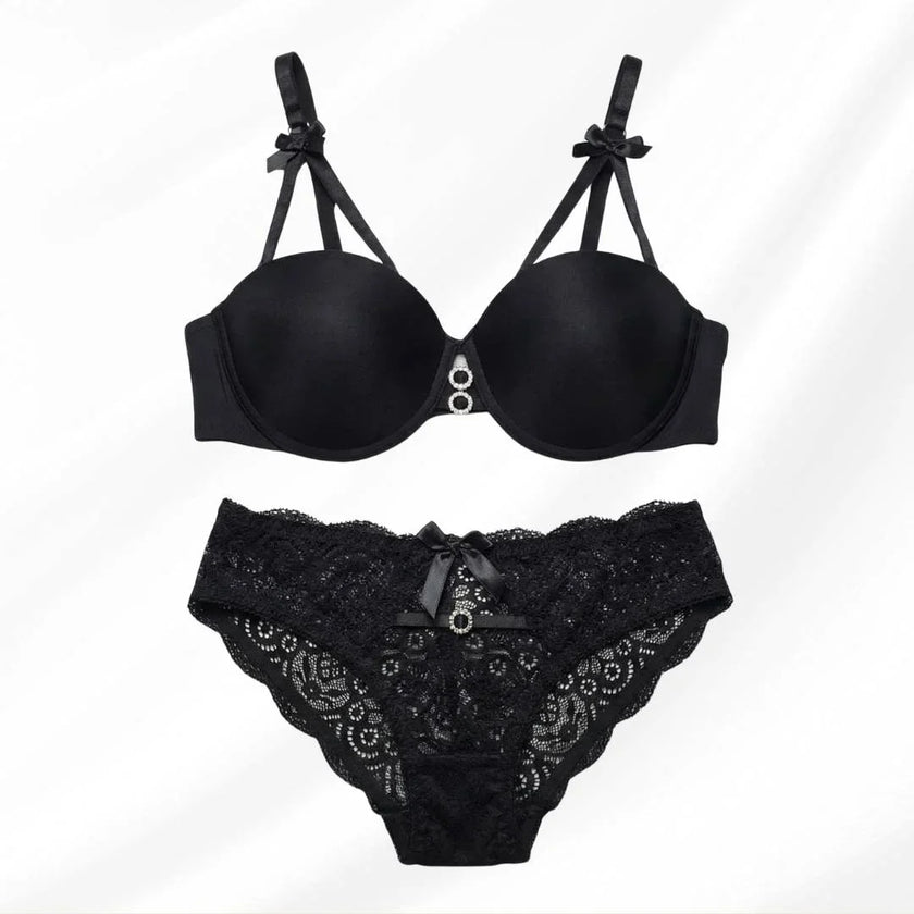 Luxury Floral Lace Lingerie Set – Elegant Padded Underwire Bra & Matching Scalloped Lace Panty with Rhinestone Accents-BLACK