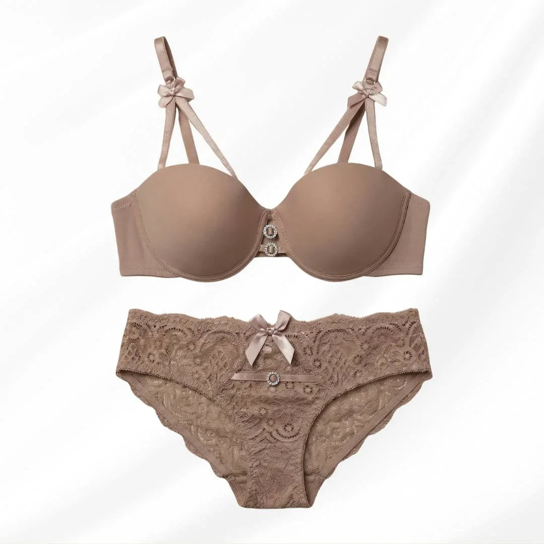 Luxury Floral Lace Lingerie Set – Elegant Padded Underwire Bra & Matching Scalloped Lace Panty with Rhinestone Accents-HARBOR