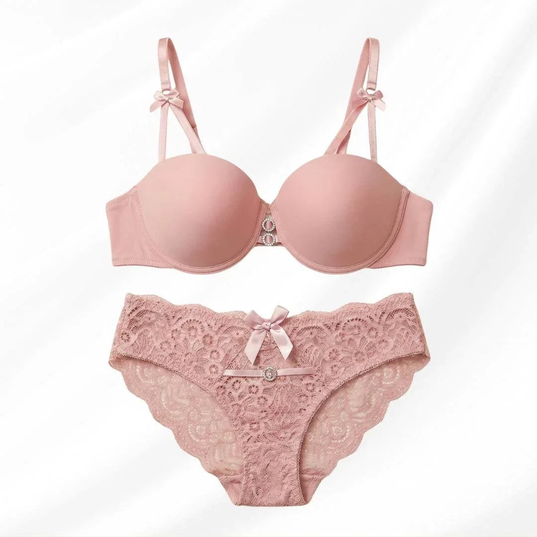 Luxury Floral Lace Lingerie Set – Elegant Padded Underwire Bra & Matching Scalloped Lace Panty with Rhinestone Accents-LIGHT PINK