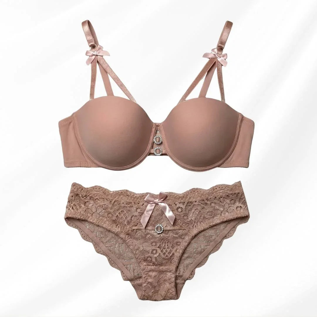 Luxury Floral Lace Lingerie Set – Elegant Padded Underwire Bra & Matching Scalloped Lace Panty with Rhinestone Accents-RUST PEACH
