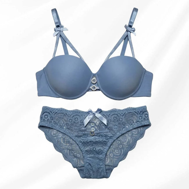 Luxury Floral Lace Lingerie Set – Elegant Padded Underwire Bra & Matching Scalloped Lace Panty with Rhinestone Accents-SKY BLUE