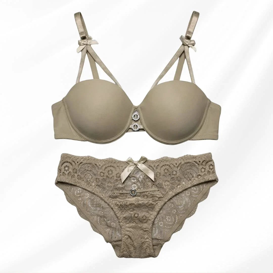 Luxury Floral Lace Lingerie Set – Elegant Padded Underwire Bra & Matching Scalloped Lace Panty with Rhinestone Accents-TAN