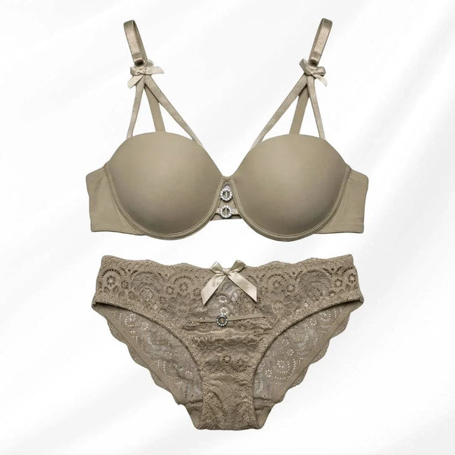 Luxury Floral Lace Lingerie Set – Elegant Padded Underwire Bra & Matching Scalloped Lace Panty with Rhinestone Accents-TAN