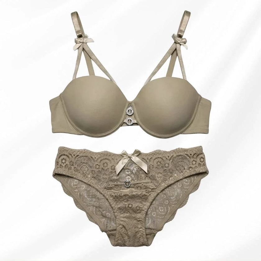 Luxury Floral Lace Lingerie Set – Elegant Padded Underwire Bra & Matching Scalloped Lace Panty with Rhinestone Accents-TAN