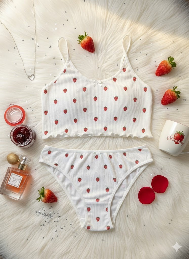 The Strawberry Bliss Set | Ribbed Soft-Stretch Lingerie in White ✨