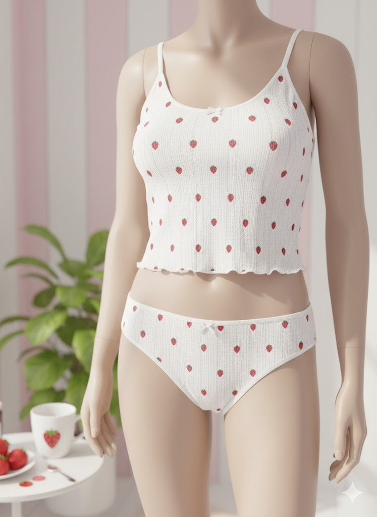 The Strawberry Bliss Set | Ribbed Soft-Stretch Lingerie in White ✨