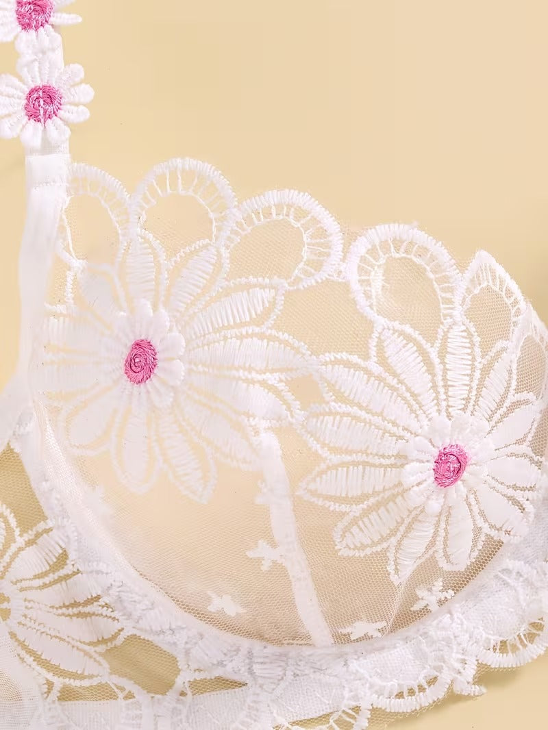 Elegant White Lace Lingerie Set – Soft Mesh Floral Embroidered Bra & Panty