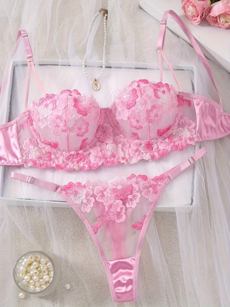 Non-Padded Wired Floral Embroidered Bra & Thong Set – Luxury Pink Mesh Lingerie set