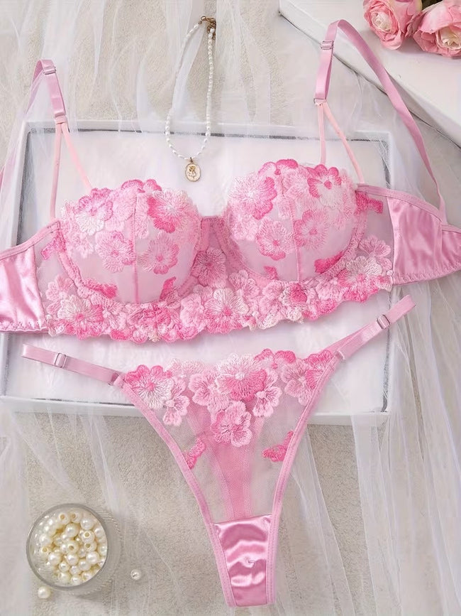 Non-Padded Wired Floral Embroidered Bra & Thong Set – Luxury Pink Mesh Lingerie set