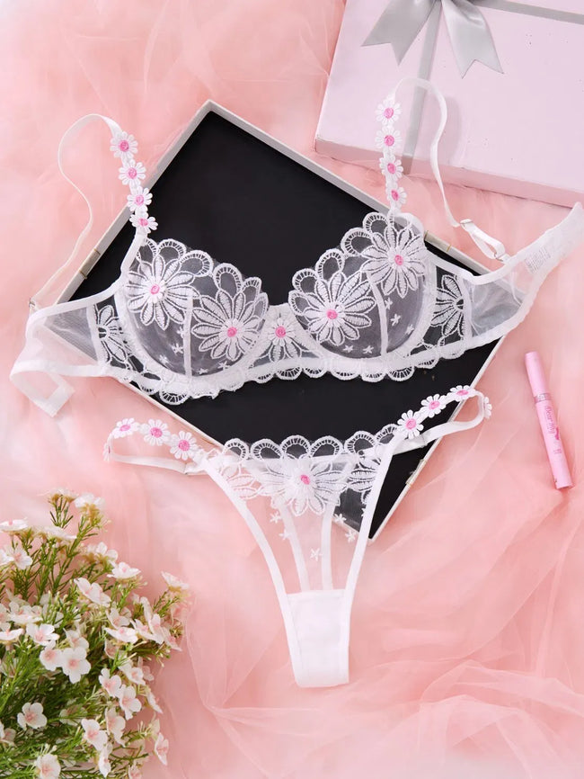 Elegant White Lace Lingerie Set – Soft Mesh Floral Embroidered Bra & Panty