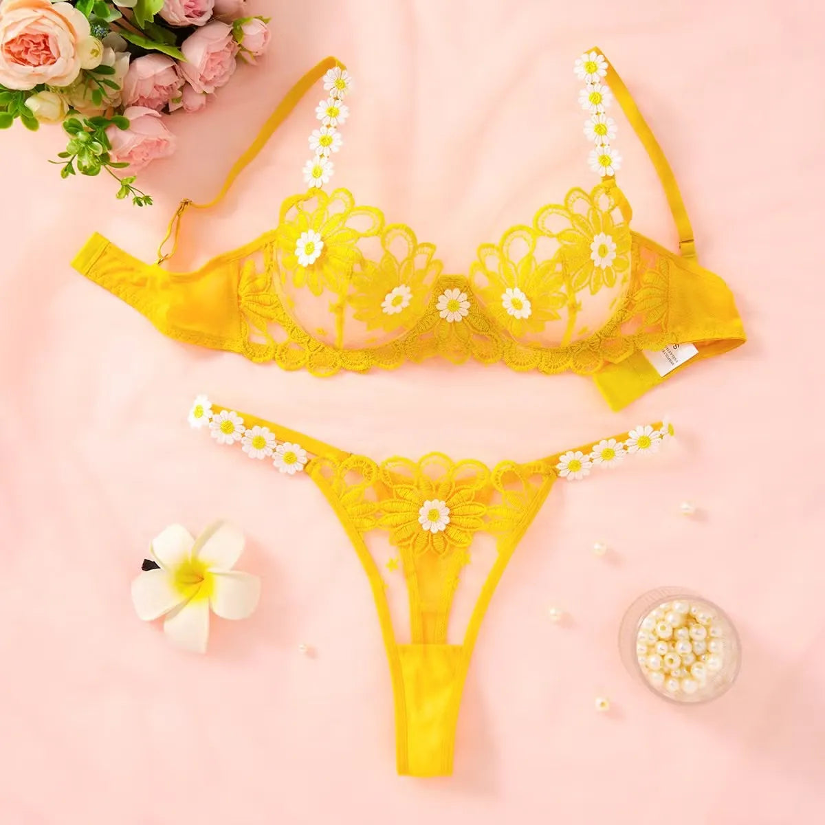 Elegant White Lace Lingerie Set – Soft Mesh Floral Embroidered Bra & Panty