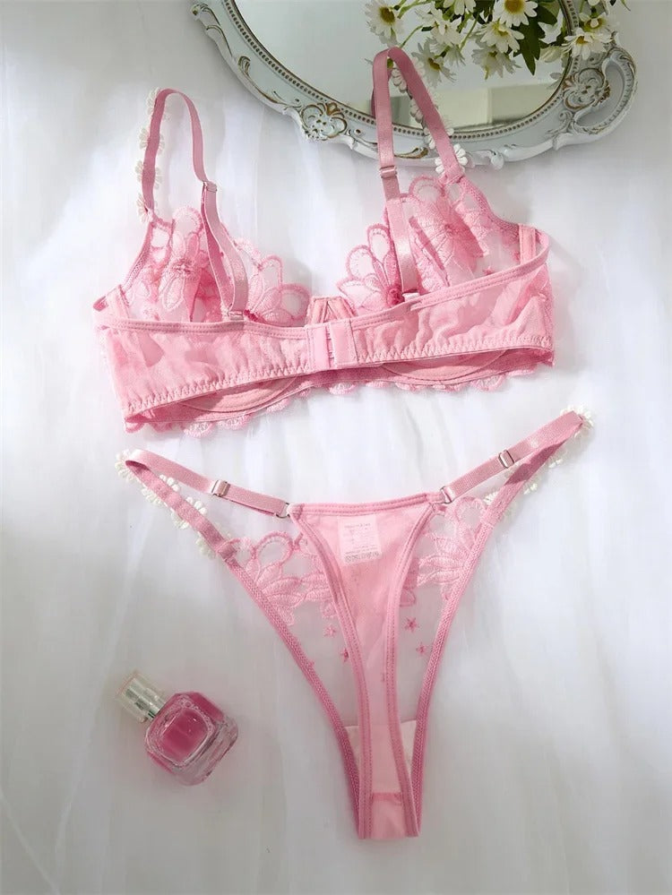 Elegant White Lace Lingerie Set – Soft Mesh Floral Embroidered Bra & Panty